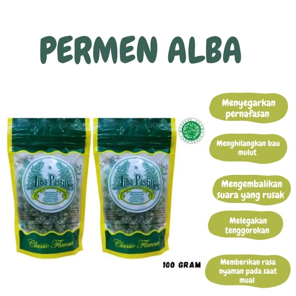 

permen ALBA, menyegarkan tenggorokan, pernapasan,bau mulut,serak, mual. Exp Panjang