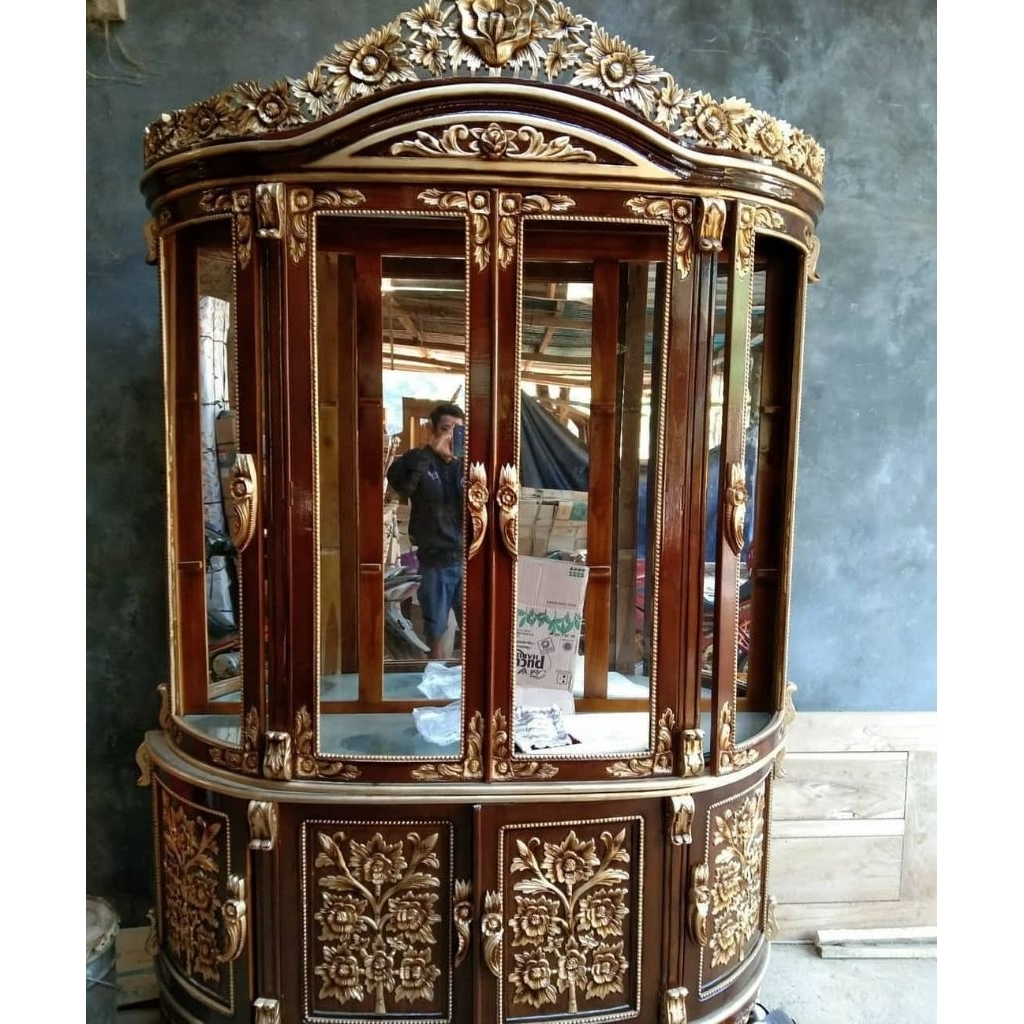 Lemari Hias Ukir Kayu Jati / Lemari Pajangan Kayu Jati Minimalis Modern / Lemari Kaca Hias Kayu Jati