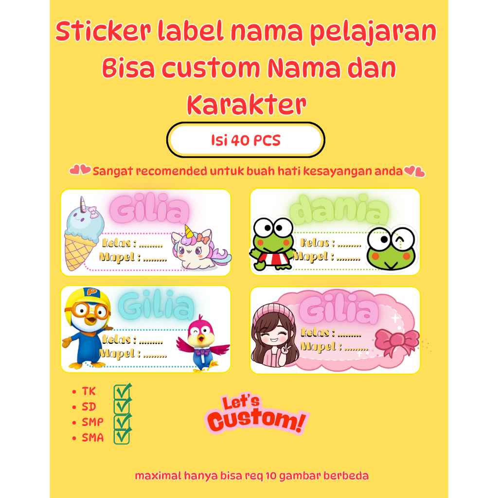 

10 PCS STICKER LABEL NAMA BUKU PELAJARAN BISA CUSTOM LUCU