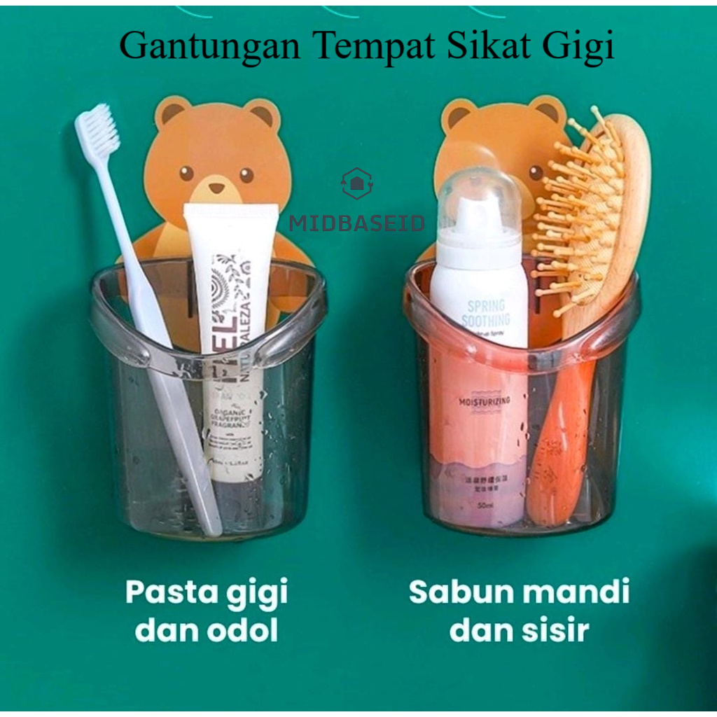 [Midbase]   Gantungan Tempat Sikat Gigi Odol Gambar Beruang Tempel Dinding / Rak Kamar Mandi Tempel 