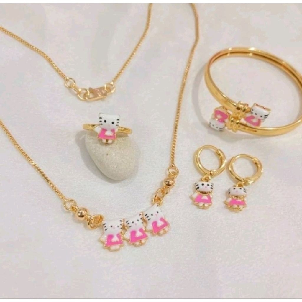 Set Perhiasan Anak Hello Kitty Pink Putih Gold Titanium