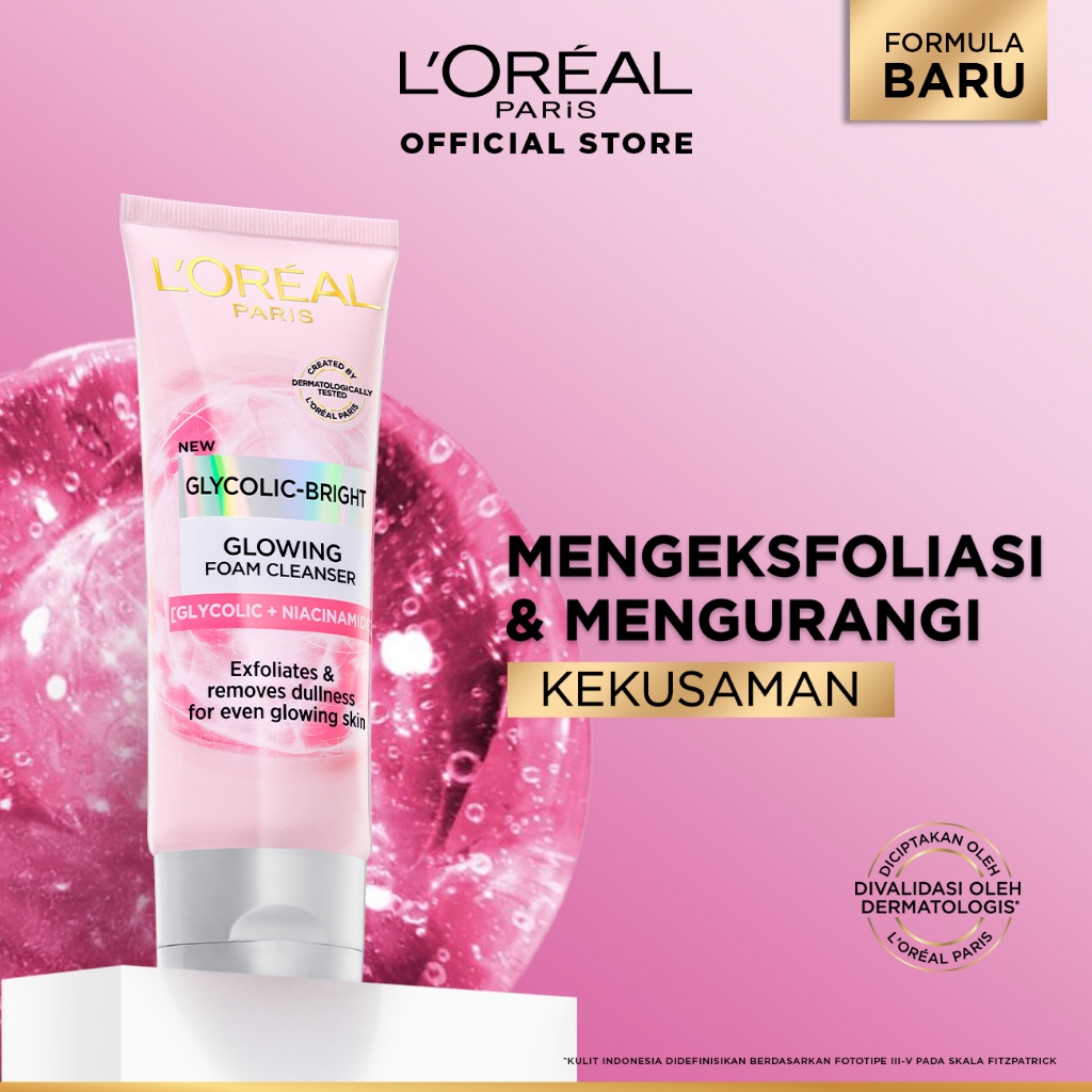 L'Oreal Paris Glycolic Bright Daily Cleanser Foam - 50/100ml Skin Facial Wash Loreal Glyco Acid AHA 
