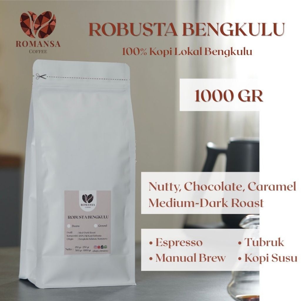 

Kopi Robusta Bengkulu Sumatera 1000gr - Kopi Pahit Biji Bubuk Fresh Roast - Tubruk / Espresso / Kopi Susu