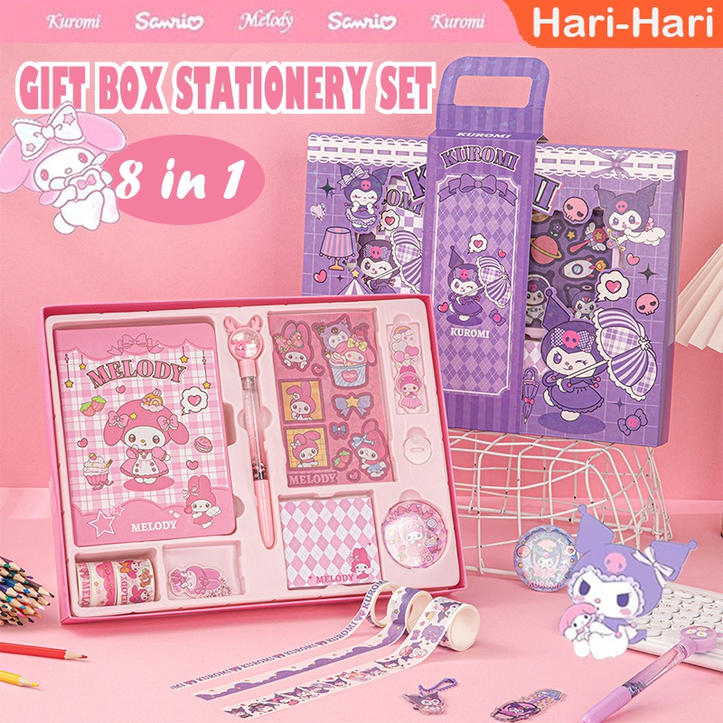 

[8 IN 1] Set Notebook Alat Tulis Gift Box Hadiah Notebook Sticker Memo Studen Set Sekolah Karakter Kuromi My Melody