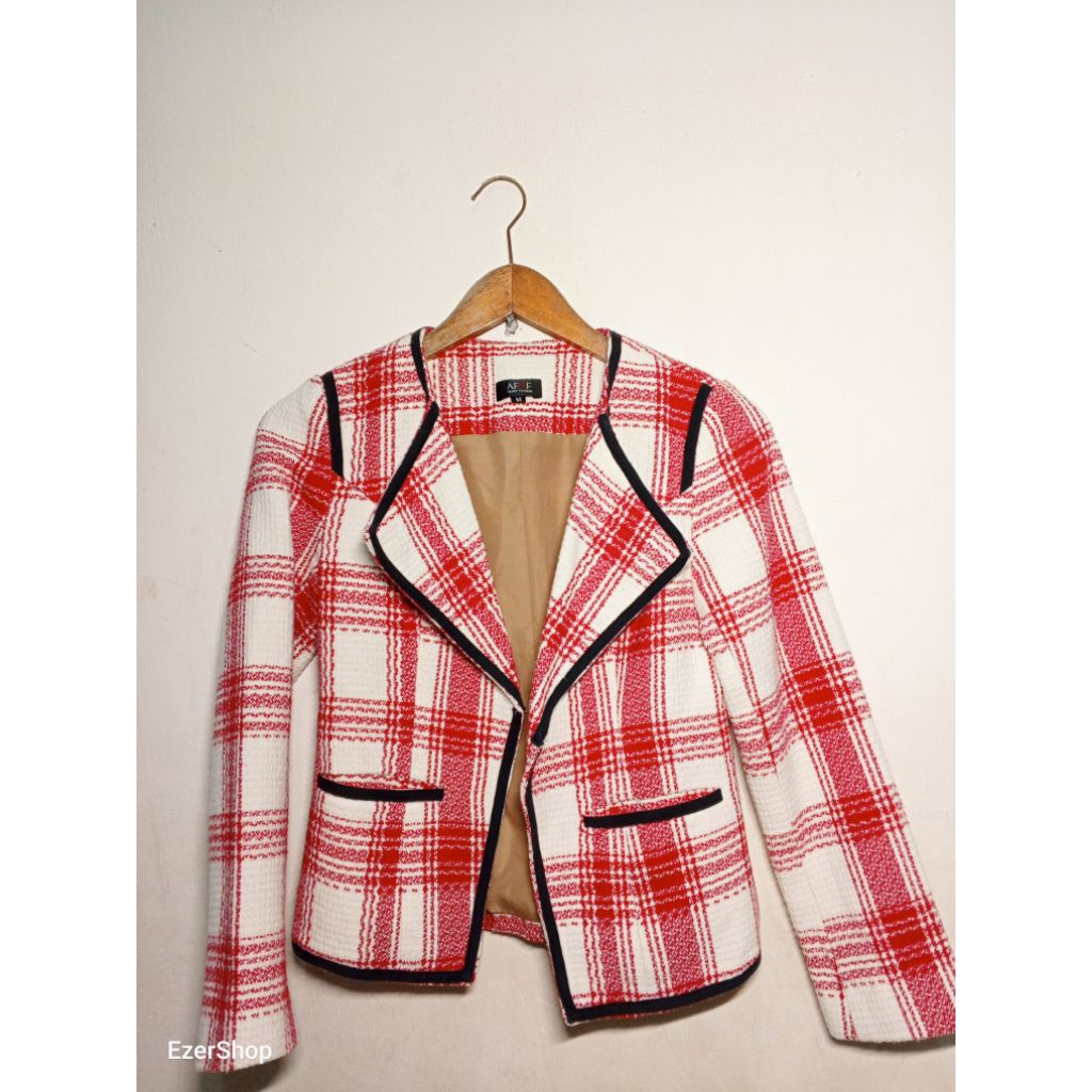 Preloved Blazer AFAF merah putih kotak elegan vintage flanel