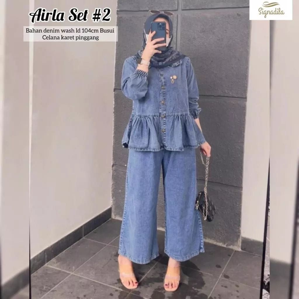 ready siap kirim airla celana jeans Dress wanita muslimah Gamis baju midi muslim gaun lebaran oneset