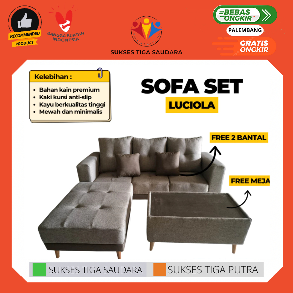 SOFA SET MINIMALIS LETTER L LUCIOLA FREE BANTAL + MEJA / SOFA RUMAH MEWAH / BERKUALITAS PALEMBANG