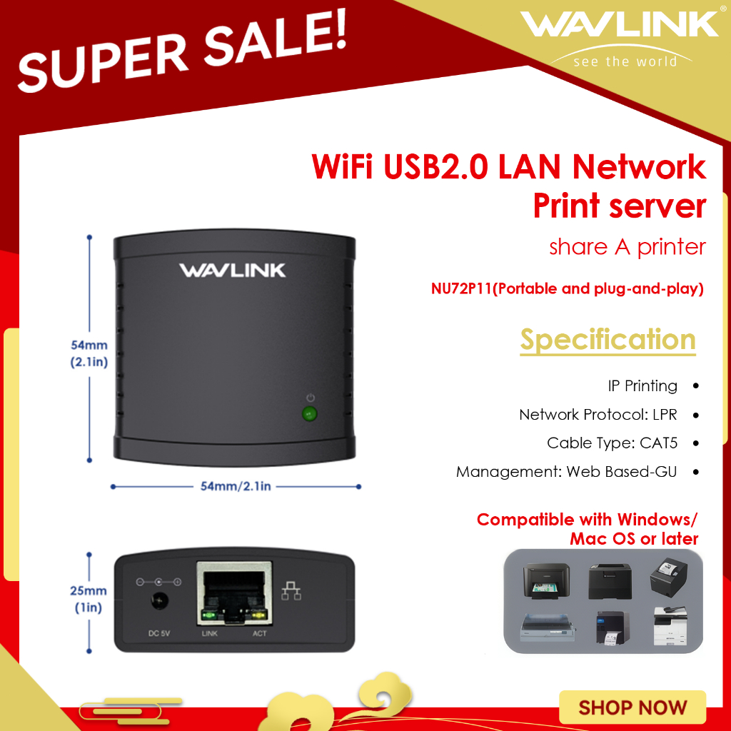 Tu2t WAVLINK LPR Print Server USB 2.0 Wireless Print Server & USB Printer Server, Support Printer