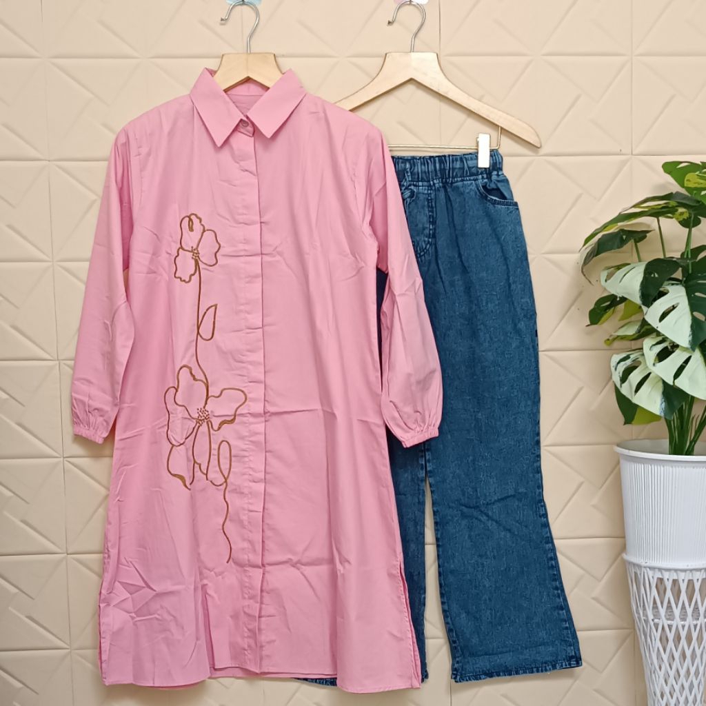 Ficca Setelan Wanita Long Tunik Katun Bordir Celana Cutbray Jeans Wash One Set Tunik Panjang Motif B