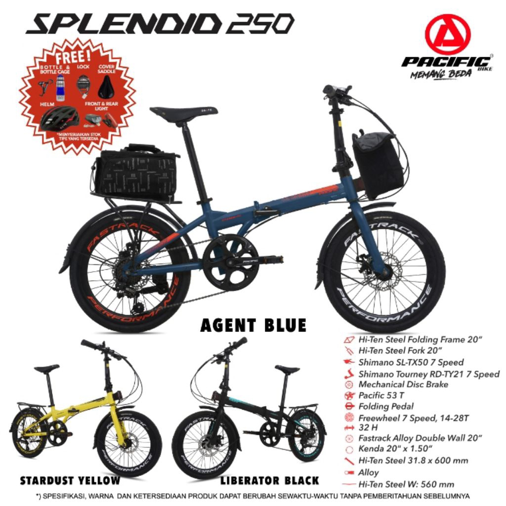 SEPEDA LIPAT 20 INCH PACIFIC SPLENDID 250 BANYAK BONUS HELM BOX TAS BOTOL MINUM BOTTLE CAGE GEMBOK K