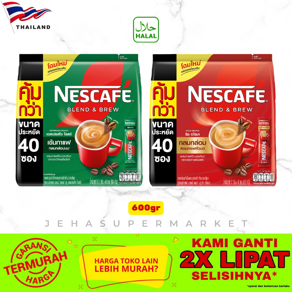 

⭐ KOPI THAILAND ⭐ Nescafe Coffee Blend & Brew HALAL 600gr - 1pack isi 40pcs ( Impor/Import Bangkok )