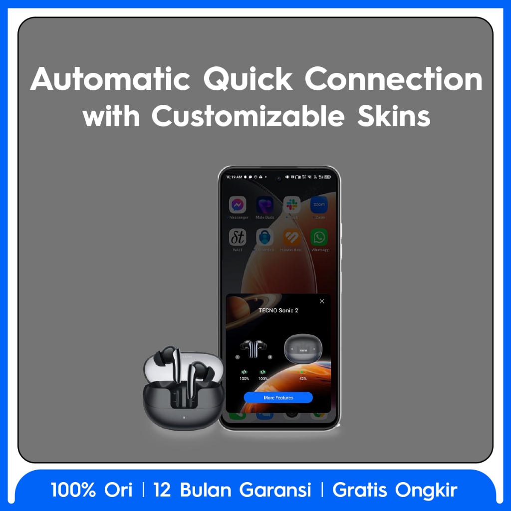 TECNO TWS Sonic 2 - 35dB ANC, Auto Connection Pop-up, Multi-EQ Effects with Welife APP, 45-Hours of Playtime, 6 Mics ENC, Low-latency Gaming Mode, IPX4 - Gambar 4