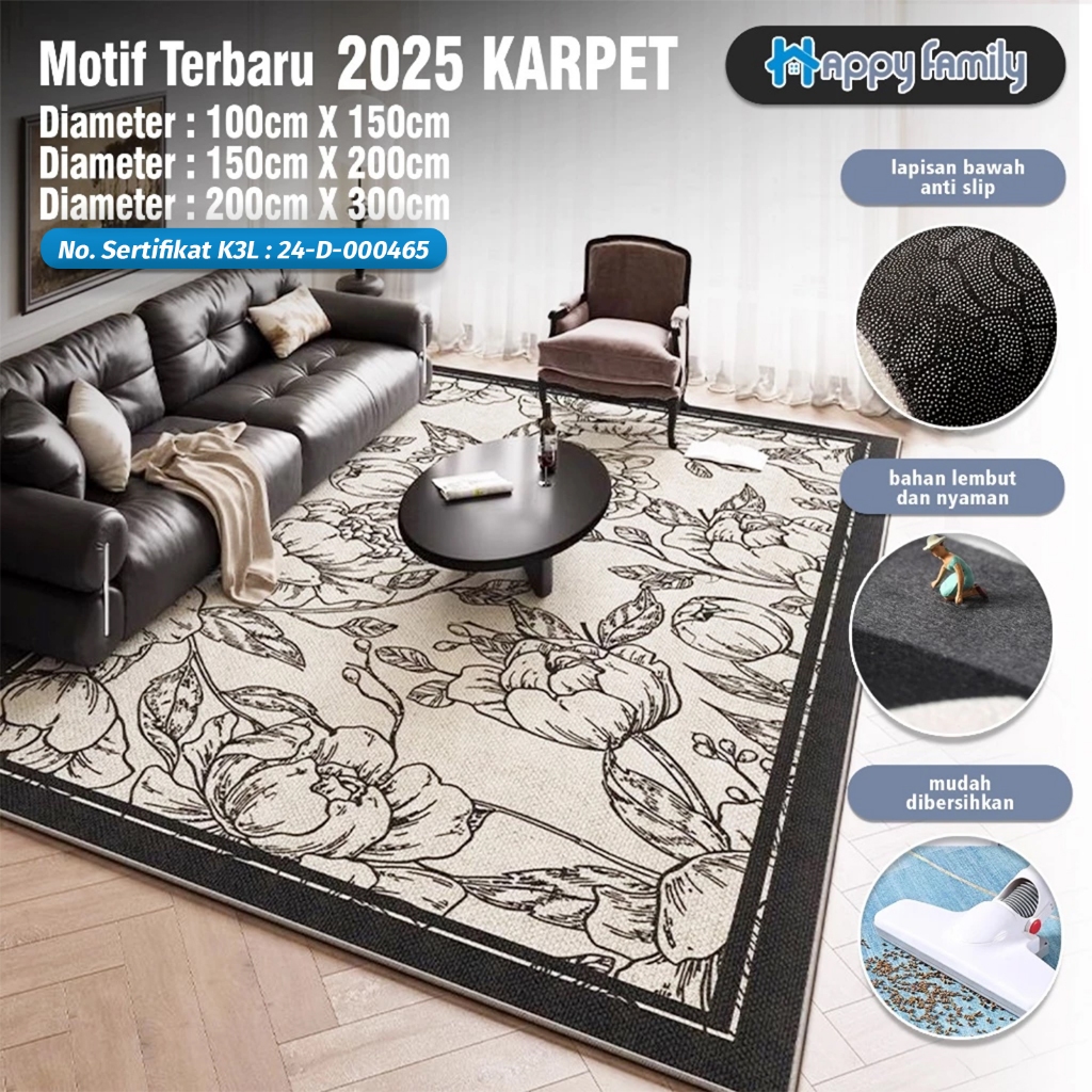 (HF) LOKAL Karpet Lantai Eropa Permadani 3 UK 100x150cm & 150x200cm & 200x300cm Anti Slip Ruang Tamu
