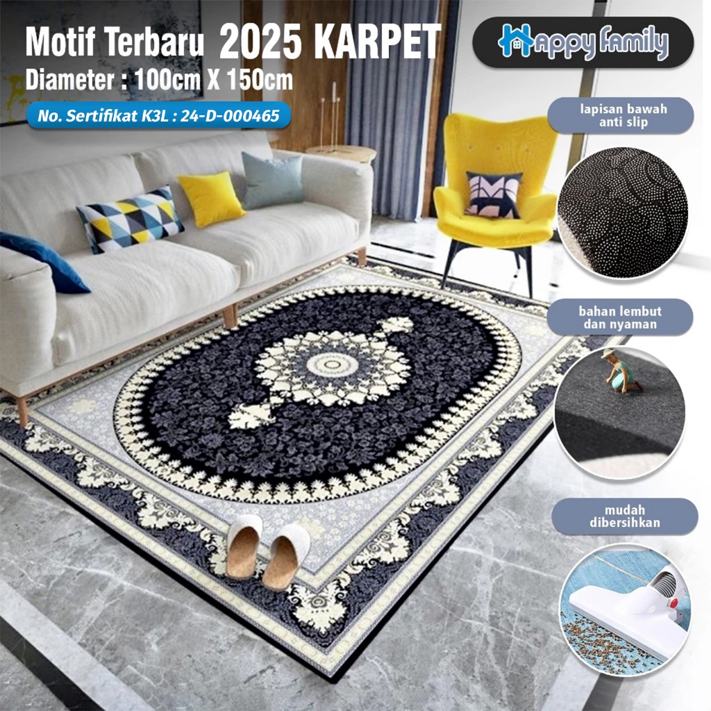 (HF) LOKAL Karpet Lantai Eropa Permadani 100x150cm Anti Slip / Karpet Ruang Tamu Super Elegan