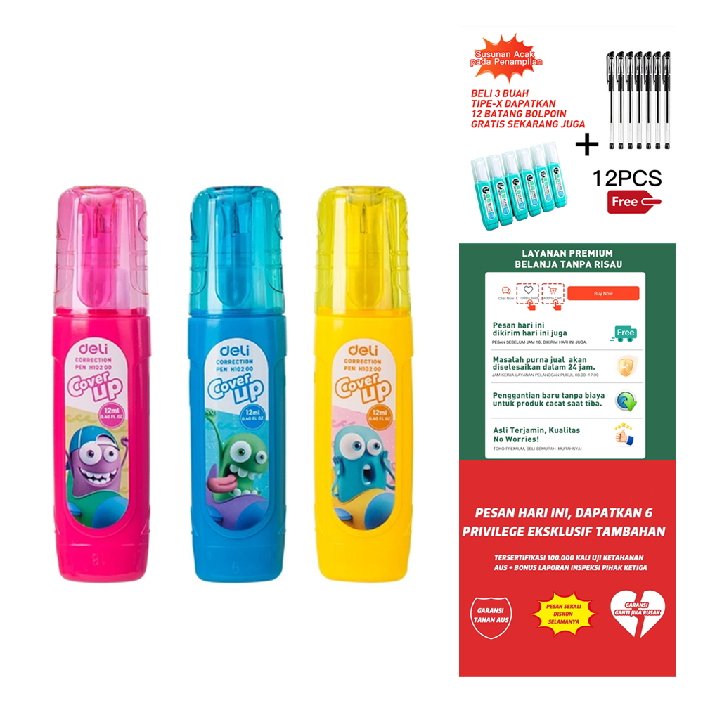 

3 PCS TIPE-X + GRATIS 12 PULPEN BALLPOINT STANDAR HEMAT BIAYA​ & ​TULIS RAPI UNTUK SEKOLAH & KANTOR