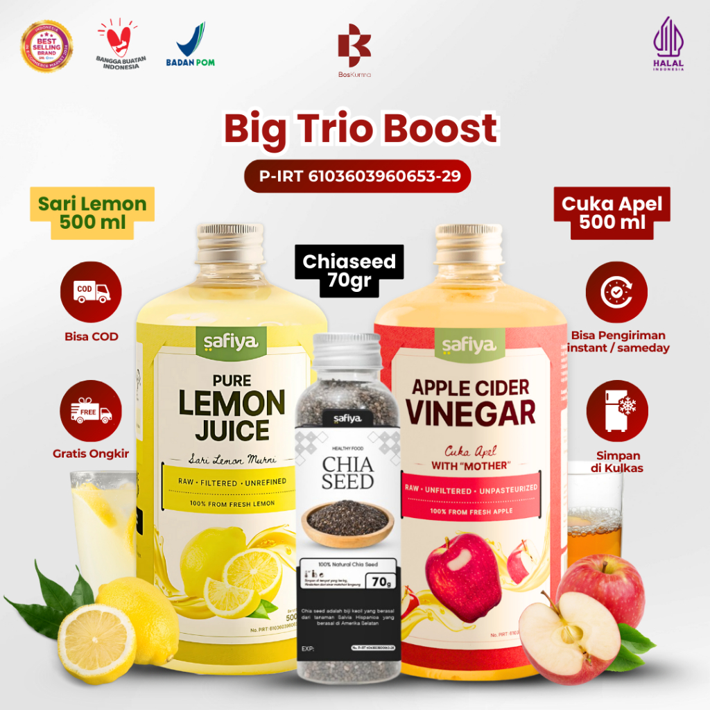 

[BIG Trio Boost] Sari Lemon 500 ml, Cuka Apel 500 ml, Chiaseed 70 gr SAFIYA
