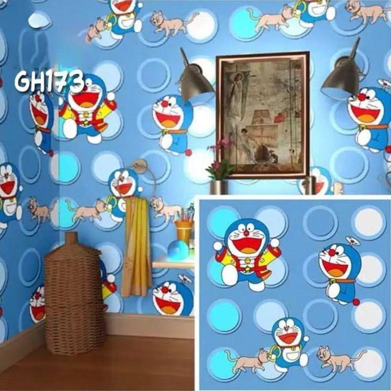 wallpaper sticker dinding doraemon polkadot walpaper stiker dinding dekorasi kamar