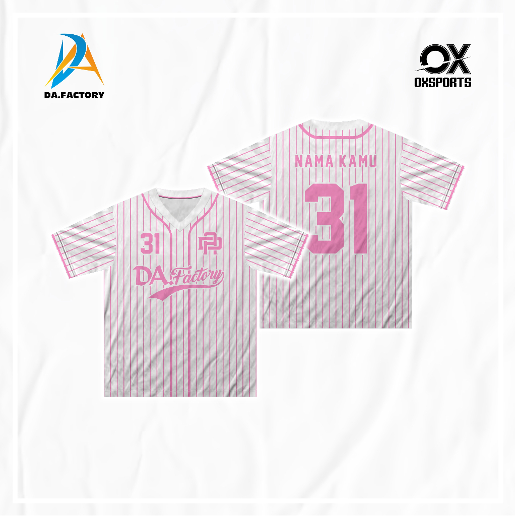 DA FACTORY Motif 36 Baseball White Pink Original Jersey Kaos Wanita Pria Anak - Dewasa Retro Vintage