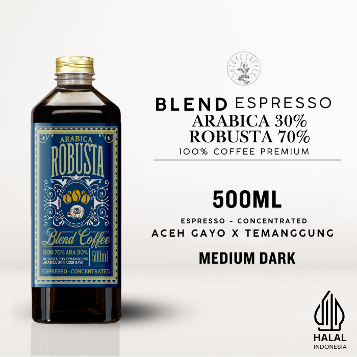 

Kopi Konsentrat Kopi Blend Arabika 30% Robusta 70% Espresso Cair 500 ML | Konsentrat Kopi Espresso | Es kopi susu | americano| Temanggung | Aceh gayo | Medium Dark Roast - Sutoyo coffee