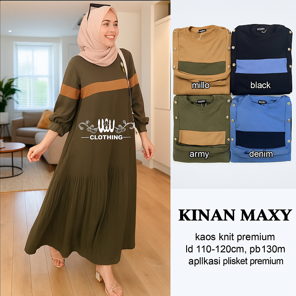Maxi Dress Kinan – Bahan Knit Premium Plisket Lebar Elegan