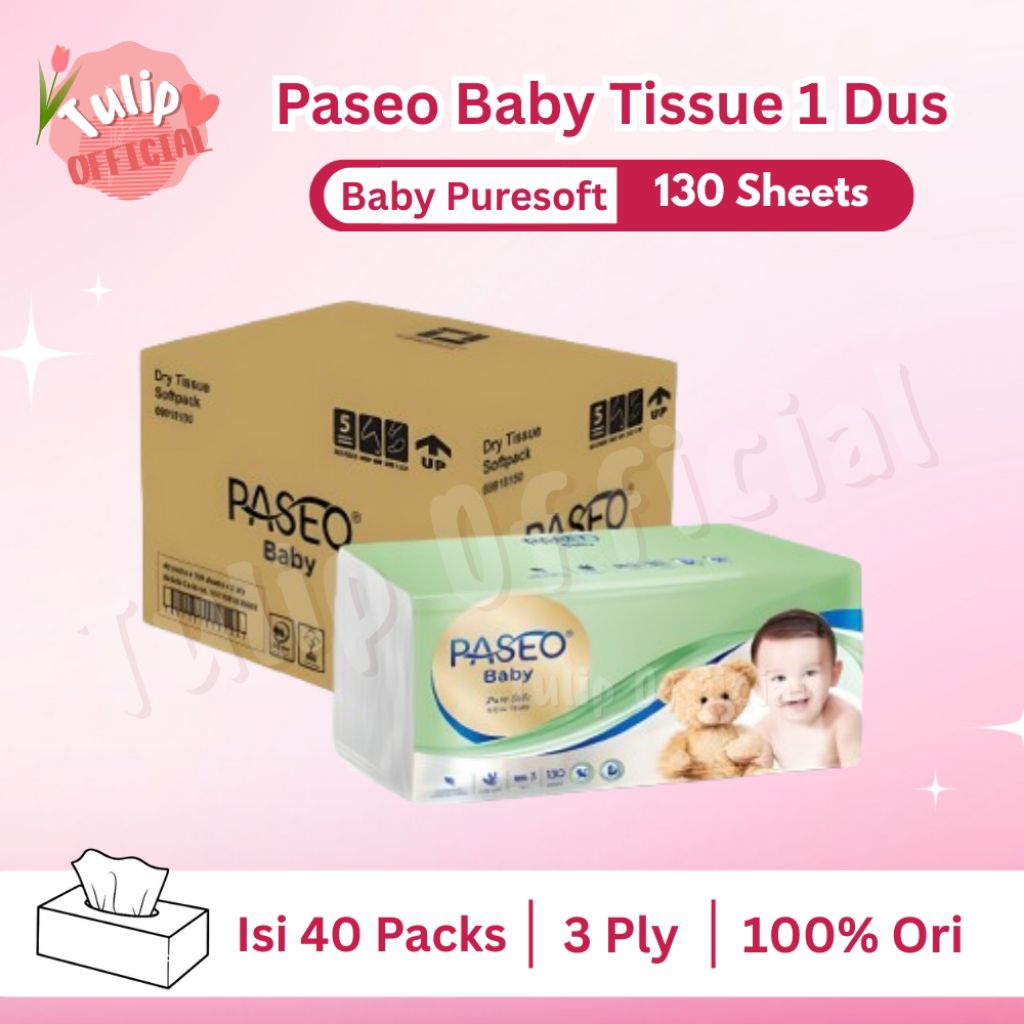 GROSIR MURAH 1 DUS Tisu Tissue PASEO BABY PURE SOFT 130 Sheets 3 Ply isi 40 Pack Original