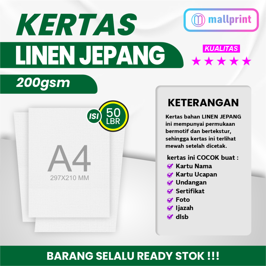 

Kertas Linen Jepang uk. A4 cocok unt. Sertifikat Kartu Ucapan dll (1 pak isi 50 lembar)