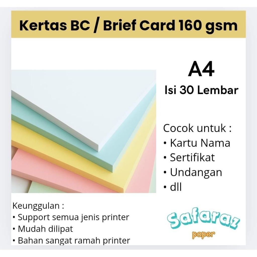 

Kertas BC 160 GSM Warna & 150 GSM Putih A4 30 Lembar | Kertas Tebal untuk Undangan, Sertifikat, Print Craft.