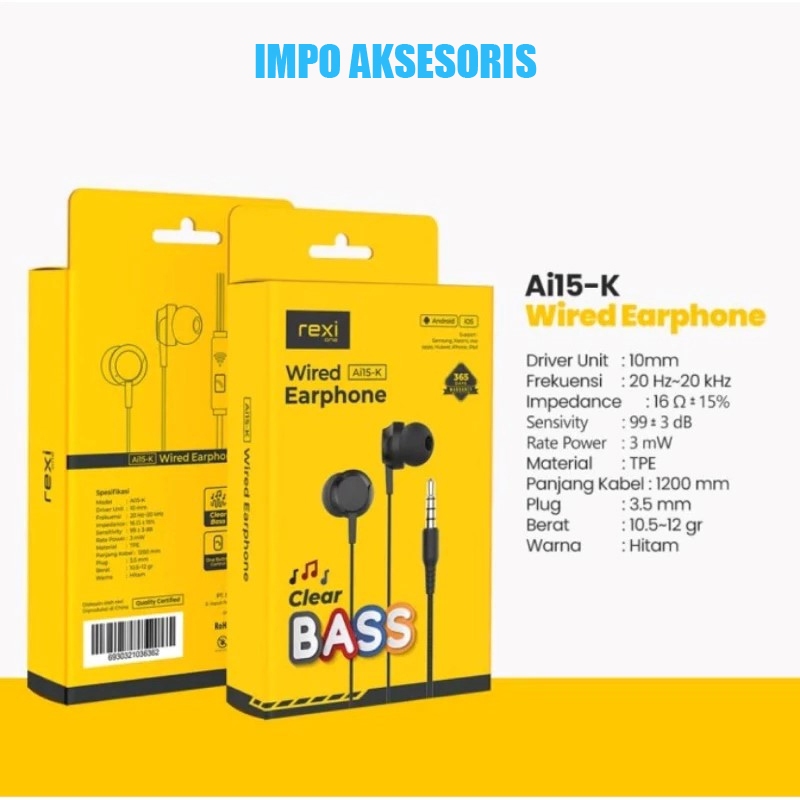 Rexi Ai15-K Headset Wired Super Bass / Headset Rexi - IMPO AKSESORIS