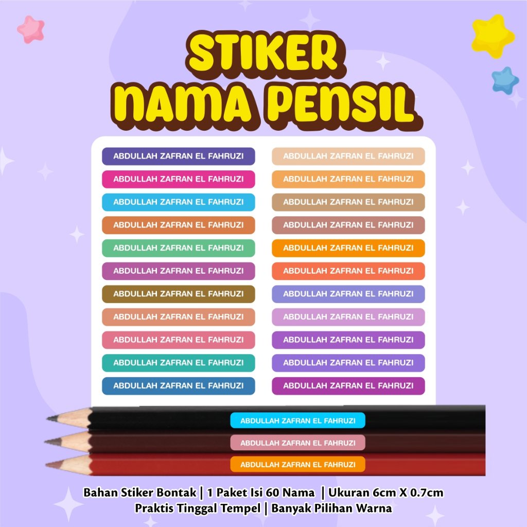 

[TANPA PO] - STIKER PENSIL / ALAT TULIS NAMA ANAK MAPEL CUSTOM TINGGAL TEMPEL ISI 40+ BANYAK PILIHAN