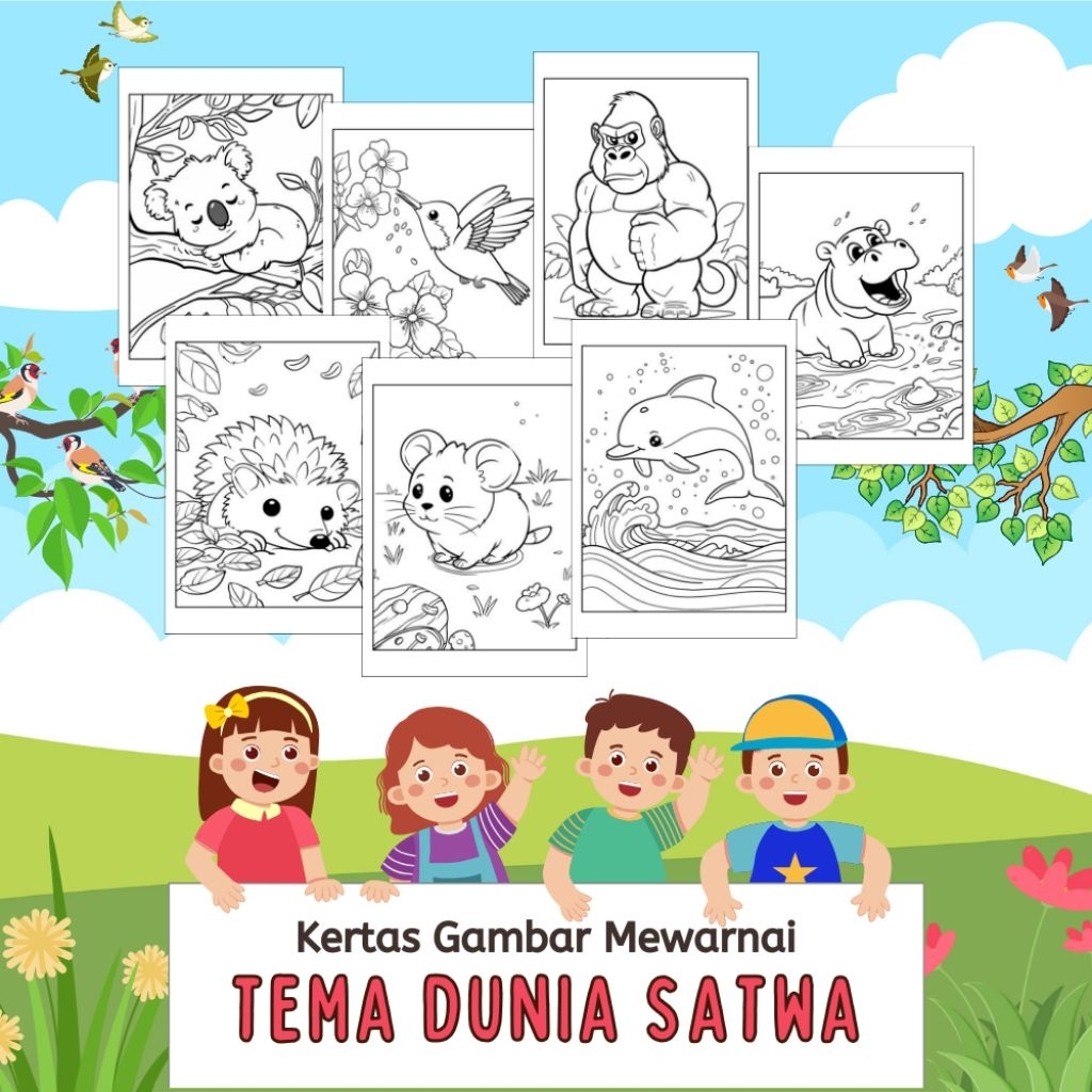 

20 - 50 LEMBAR KERTAS GAMBAR MEWARNAI ANAK TEMA HEWAN (READY LANGSUNG KIRIM)