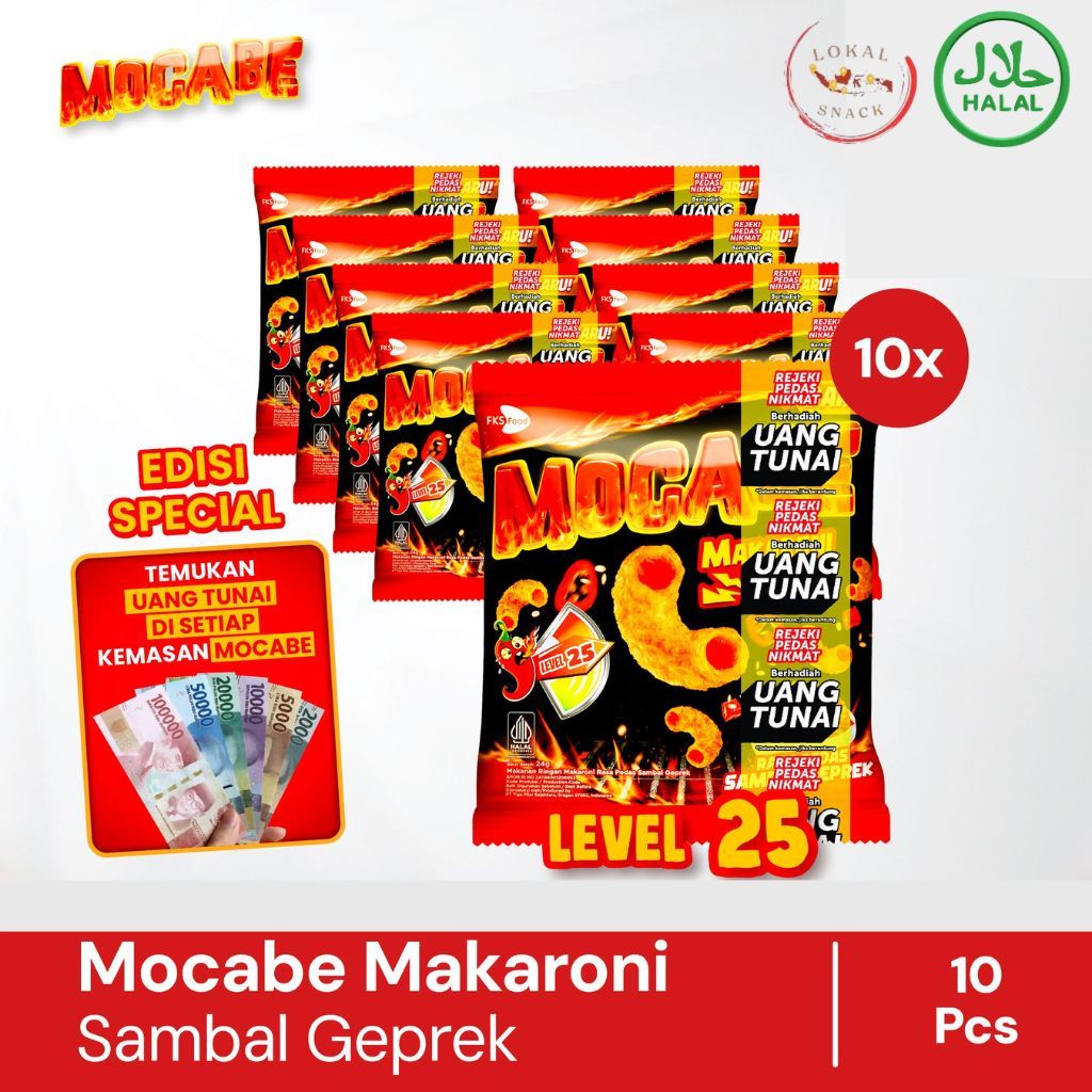 

Mocabe - Makroni Kriuk Sambal Geprek - 1 renceng - 10 pcs x 24gr