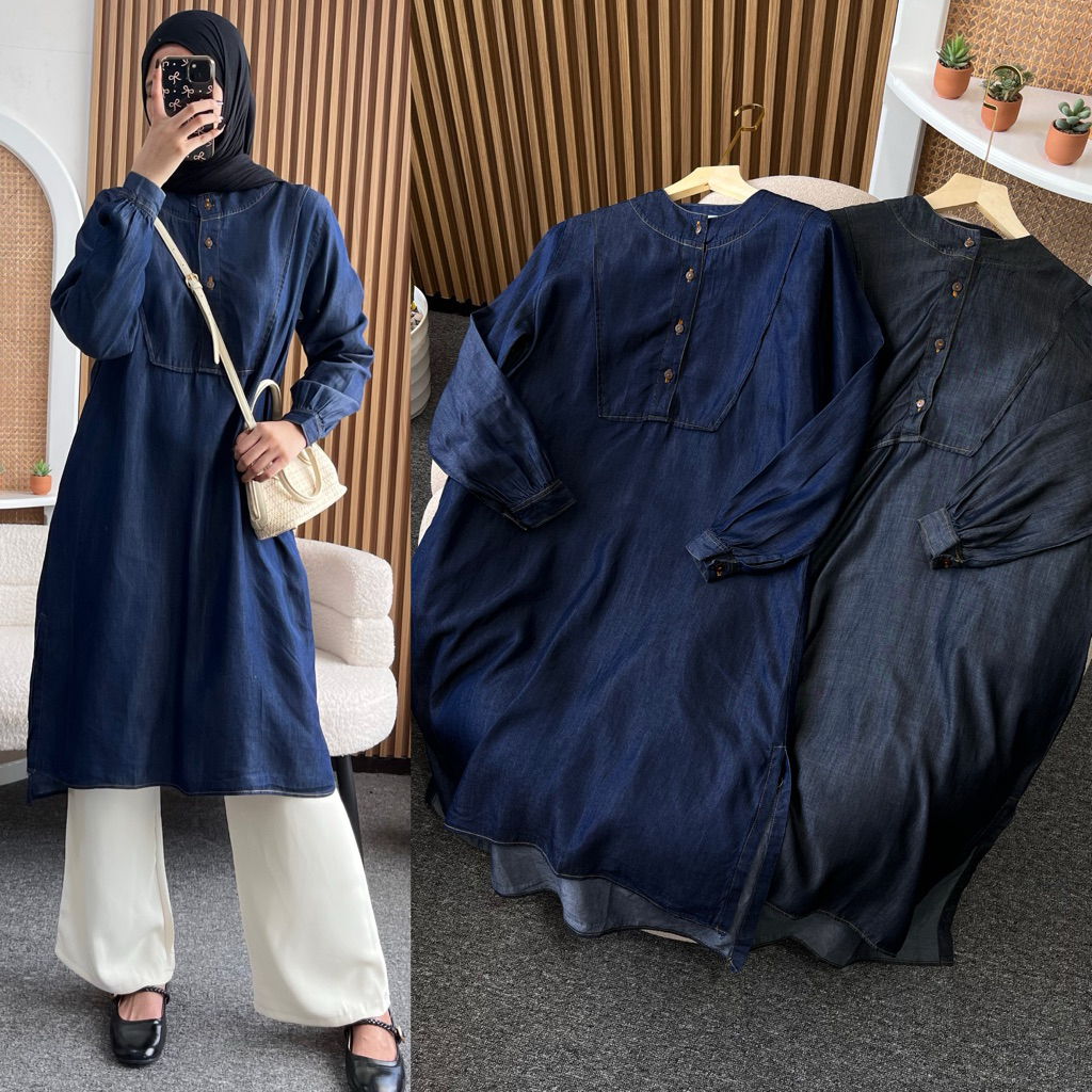 Little butik DENIM LONG TUNIC | Tunik bahan soft denim jatuh ukuran jumbo