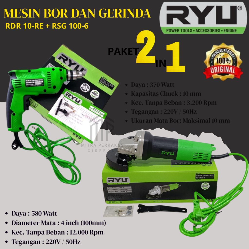 Gerinda dan Bor Listrik RYU RSG 100-6 + RDR 10-3RE / Paket Mesin Bor 10mm Dan Gerinda 4 inch Paket 2