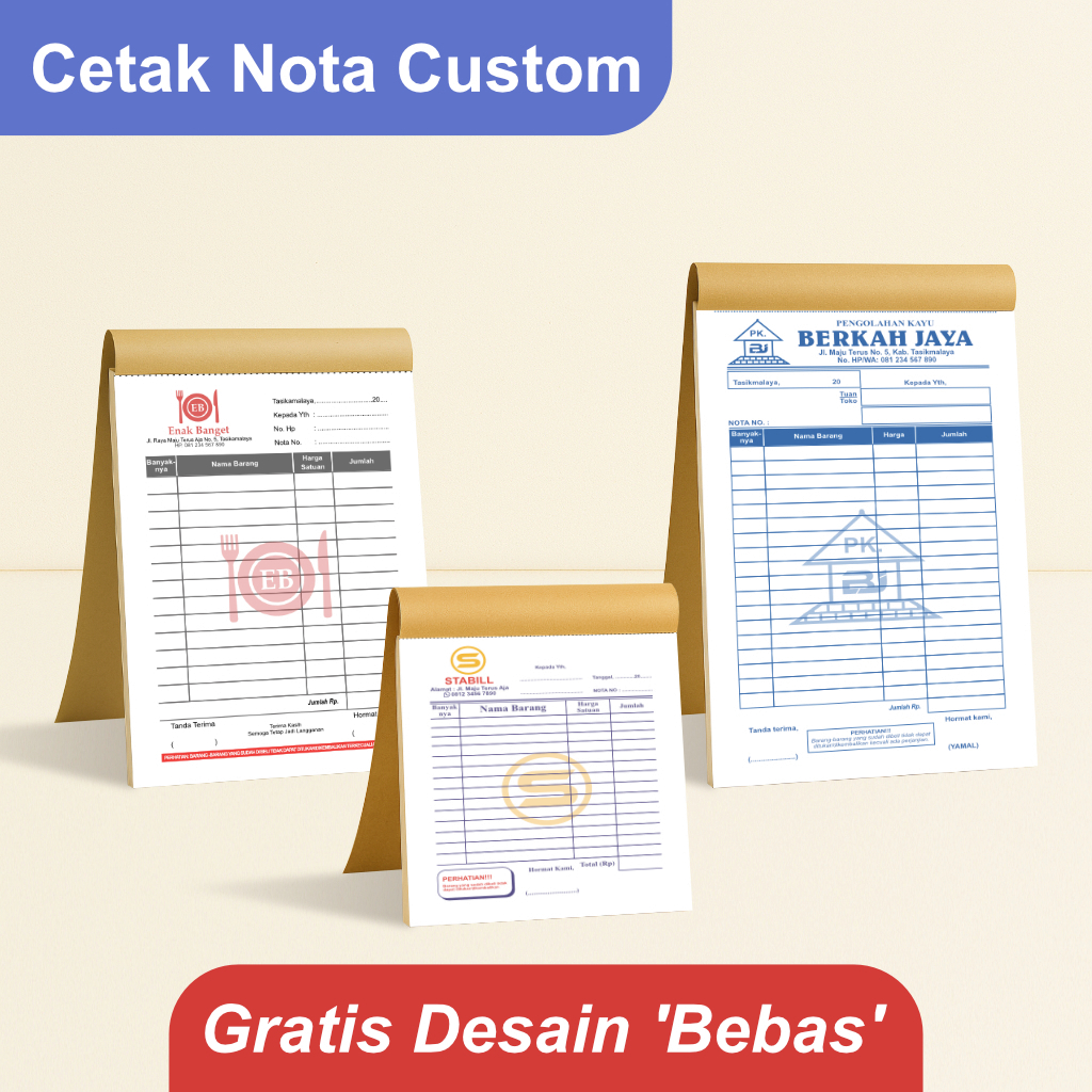 

Cetak Nota Custom Free Desain Berwarna Ukuran 1/4, 1/3, & 1/6 Rangkap 2 Ply