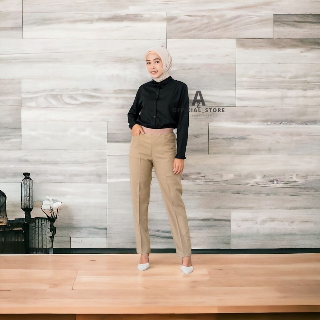 DEJIFA - Celana Kerja Kantor Wanita Celana Bahan Wanita Kerja Jumbo Model Pinggang Karet Mocca