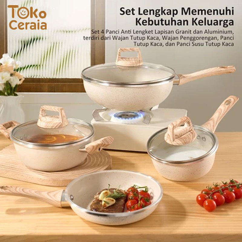 Panci Set 4 Pcs  Anti Lengket Panci Premium Anti Lengket Lapisan Granit Double Bottom Peralatan Masa