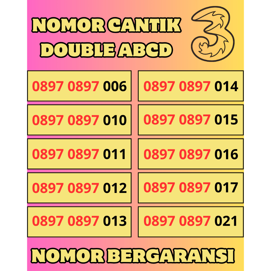 Nomor Cantik Tri Double ABCD Spesial Super Rapi Kartu Perdana Cantik