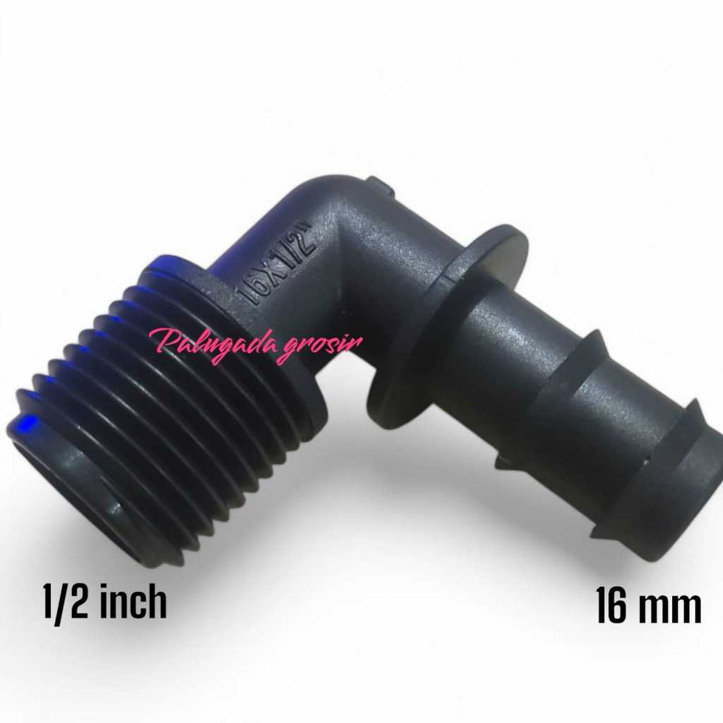 Konektor Elbow Selang PE 16 mm ( 1/2 ) X 1/2 Inch Male Drat Nepel Sambungan 13/16 Hidroponik Irigasi