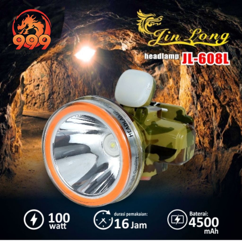 Senter Kepala / Headlamp Jinlong JL 608L + Adaptor waterproof / tahan air 100 watt