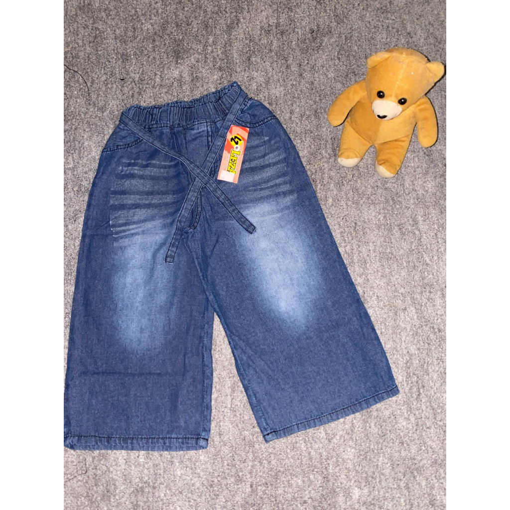 Celana Kulot Jeans Anak Perempuan Skena Cargo Saku Depan Tali Kancing 4-6 Tahun