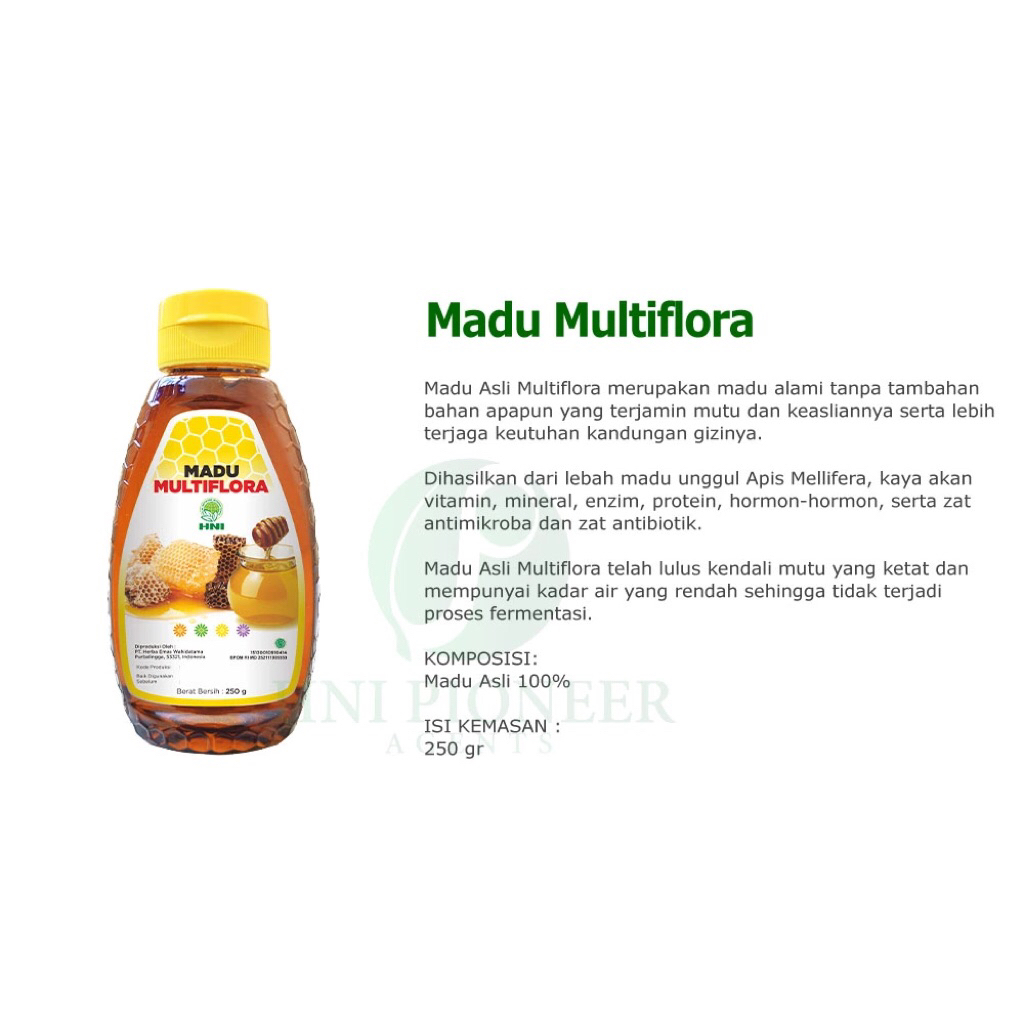 

Madu Multiflora HNI berasal dari madu lebah Apis Mellifera kaya kandungan vitamin, mineral, enzim, protein