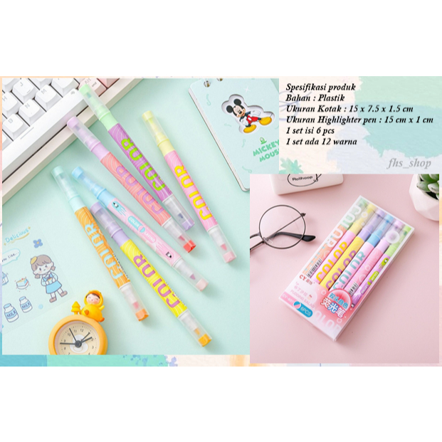

6 Pcs 12 Warna Highlighter Penanda Double Kepala Warna Pastel Stabilo Penanda Warna Set Double Pen