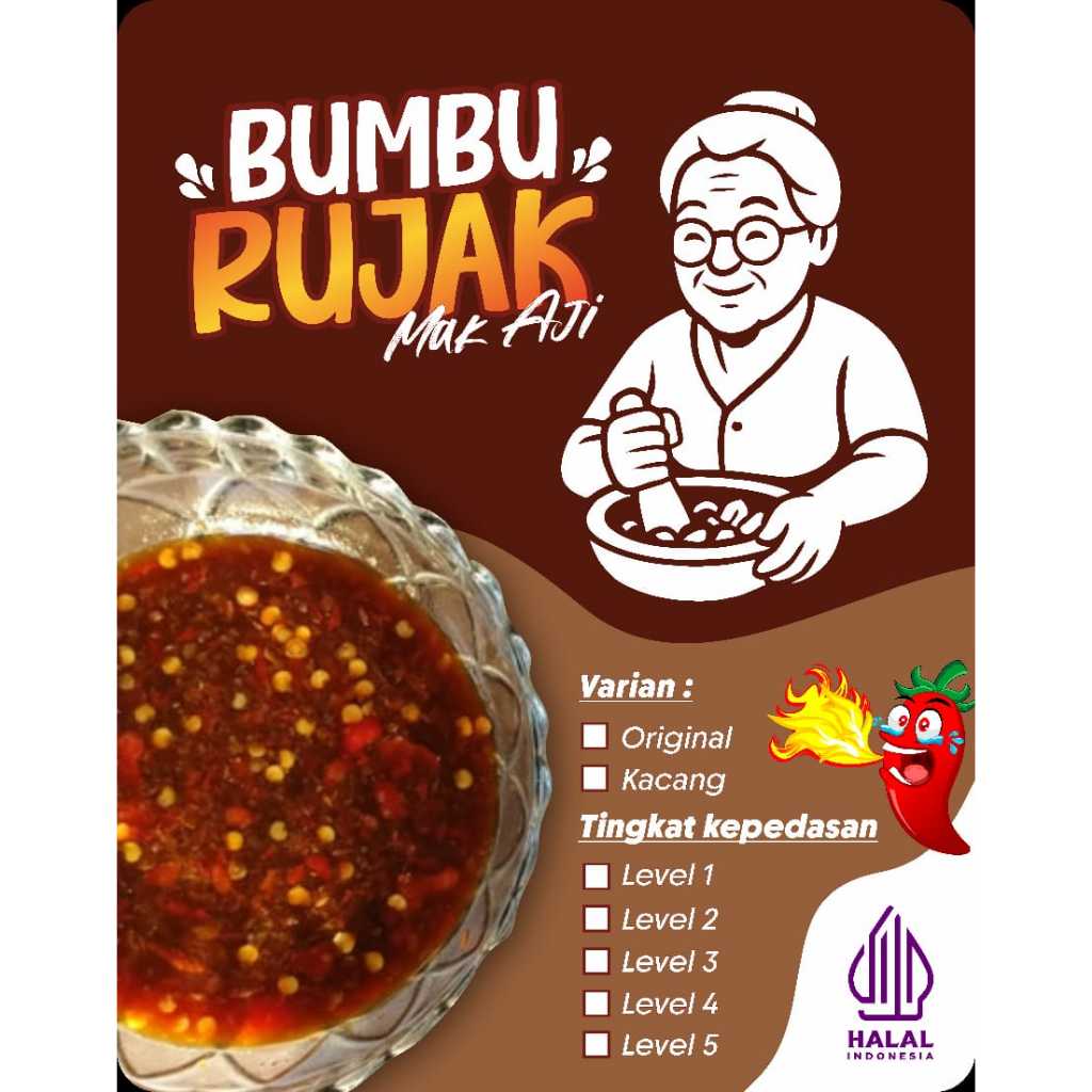 

bumbu instant rujak pedas bisa pilih level rasa kacang dan original ukuran kecil sedang besar dan besar tahan lama khas bandung dengan gula aren asli