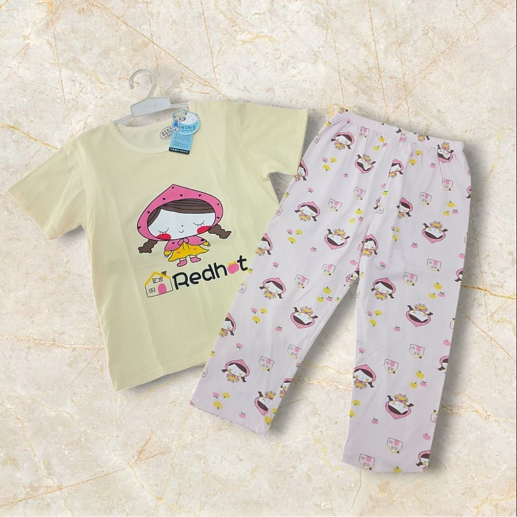 Setelan Piyama Anak Perempuan, Tangan Pendek Celana Panjang Motif Karakter.