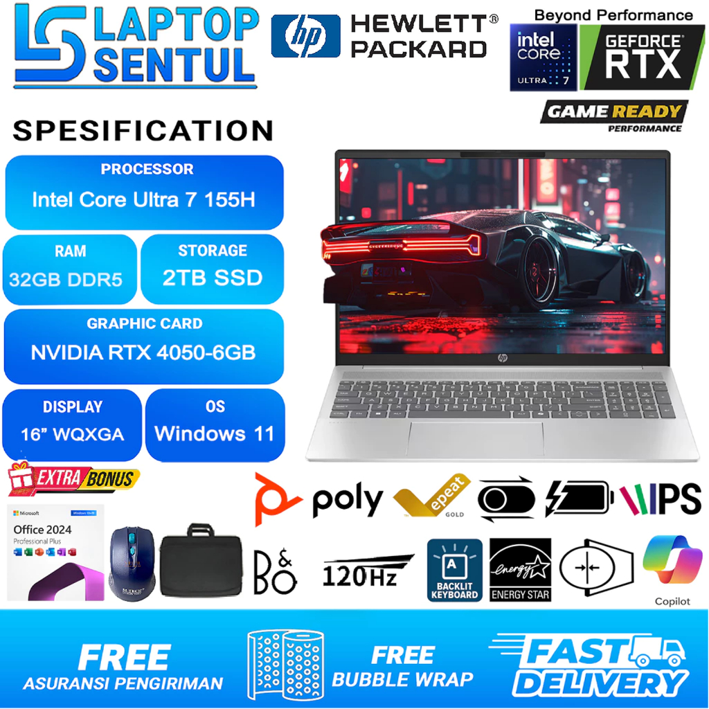 Hp Pavilion Plus 16 Intel Evo Ultra 7 155H Nvidia RTX4050-6GB Ram 32GB  WQXGA IPS 120Hz Silver