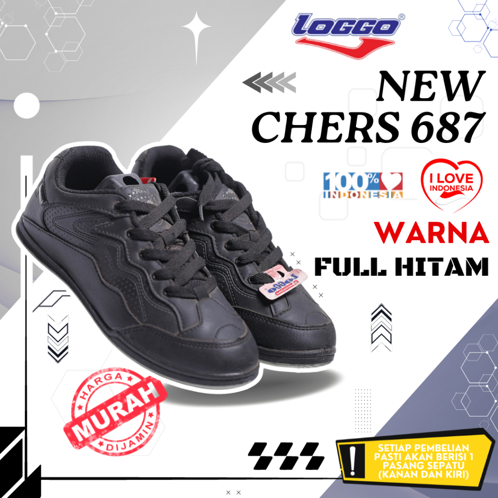 Loggo New Chers 687 Sepatu Sekolah Pria/Anak Laki - Laki & Perempuan Original Sepatu Full Hitam