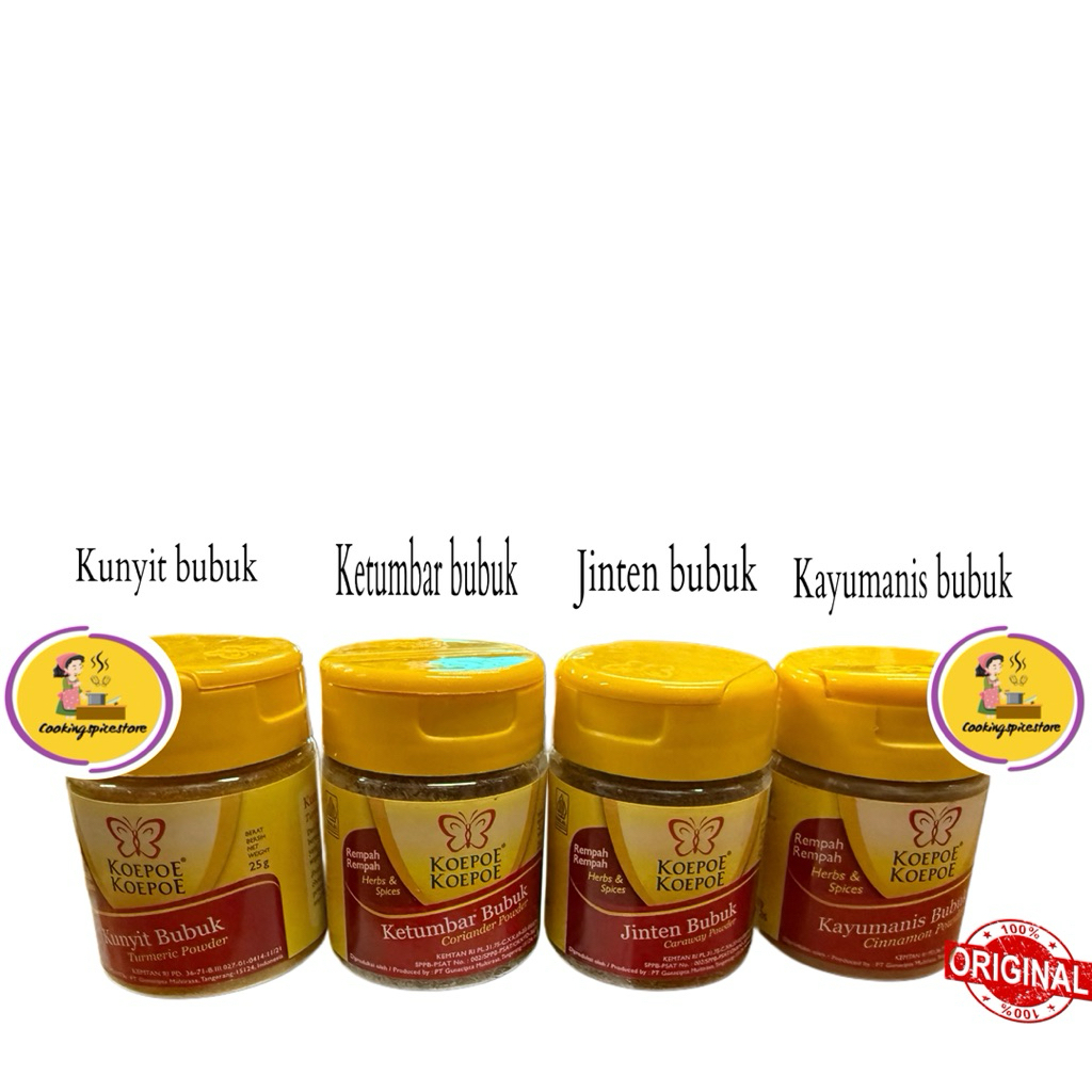 

Koepoe-Koepoe kunyit bubuk 25gr jinten bubuk 32gr ketumbar bubuk 25gr kayumanis bubuk 35gr