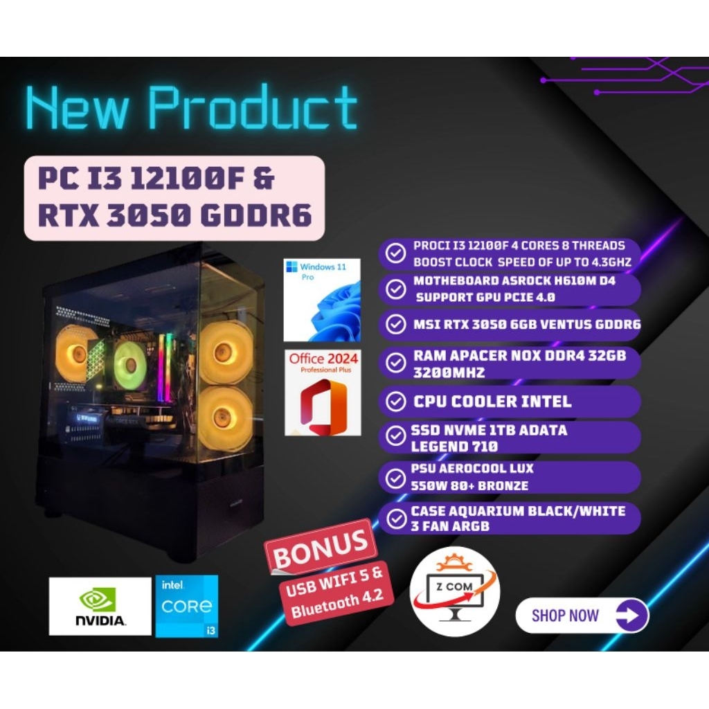 KOMPUTER PC i3 Generasi 12 Dengan kartu grafis RTX 3050 Cocok untuk editing, multitasking.