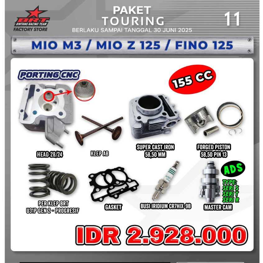 PROMO PAKTE TOURING BRT / MIO M3 / MIO Z 125/ FINO 125 BRT /HEAD / KLEP / SUPER CAST IRON / PISTON /