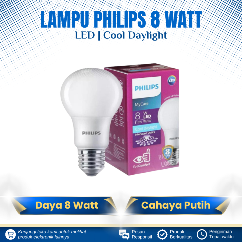 LAMPU BOHLAM LED 8 WATT PHILIPS LED BULB PHILIPS 8 WATT CAHAYA PUTIH LAMPU LED PHILIPS 8 WATT
